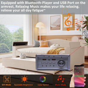 English Elm Full Upholstered Daybed with Trundle, Teddy Fleece Comfort, Bluetooth Speakers & Storage Arms for Cozy Sleepovers Beige SF000108AAA