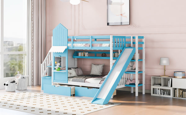 English Elm Twin-over-twin Castle Bunk Bed with Slide Storage Drawers and Shelves for Kids Blue LT000559AAC-1