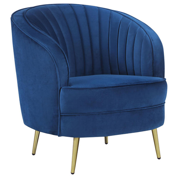 English Elm Blue Velvet Channel Tufted Chair with Gold Legs — Semi-Clamshell Back, Plush Wedge Seat for Glam Rooms B062P153756