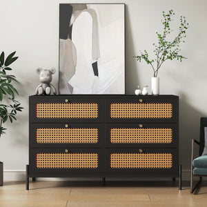 English Elm Rattan 6-Drawer Dresser with Rattan Doors & Gold Handles, Water-Resistant MDF, Spacious Storage W1321132577