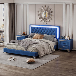 English Elm 3-Pieces Bedroom Sets,Queen Size Upholstered Platform Bed With Led Lights and Two Nightstands-Blue