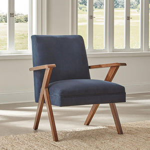English Elm Dark Blue Vintage Mid-Century Accent Chair with Walnut Arms & Tapered Legs, Plush Upholstery B062P153760