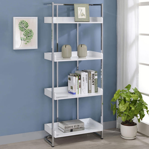 English Elm Glossy White High Gloss & Chrome 4-Shelf Open Back Bookcase, Modern Storage Display, 67.5"H B062P153766