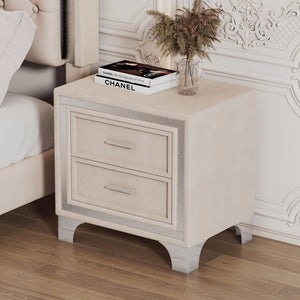 English Elm Mid Century Nightstand Velvet 2-Drawer Bedside Table with Metal Legs, Retro Space-Saving Storage and Durable Finish Beige 23.5 L x 19 W x 17 H N733P183659A