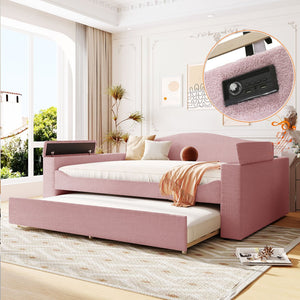 English Elm Full Upholstered Daybed with Trundle, Teddy Fleece Comfort, Bluetooth Speakers & Storage Arms for Cozy Sleepovers Pink SF000108AAH