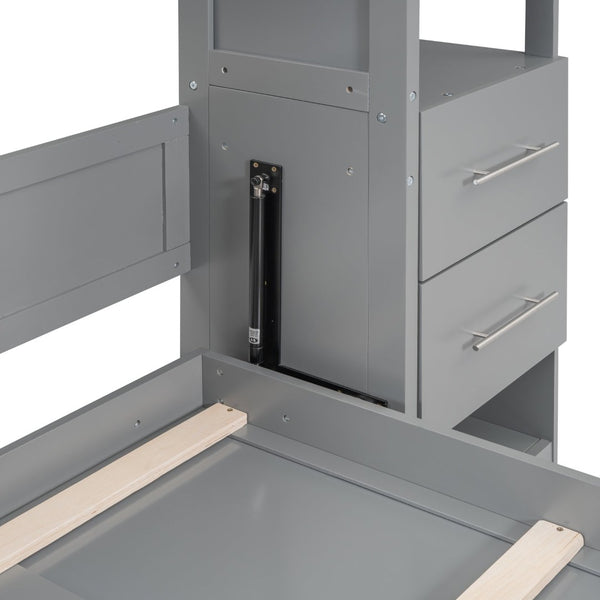 English Elm Full Size Murphy Wall Bed with Led Lighting Open Shelves Drawers Mdf Cabinet LP000565AAE-1