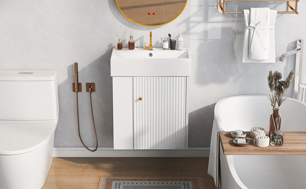 English Elm 21.6inch Modern Floating Bathroom Vanity with Ceramic Basin, Left-Side Storage, Soft-Close Door, Rose Gold Handle WF318758AAK