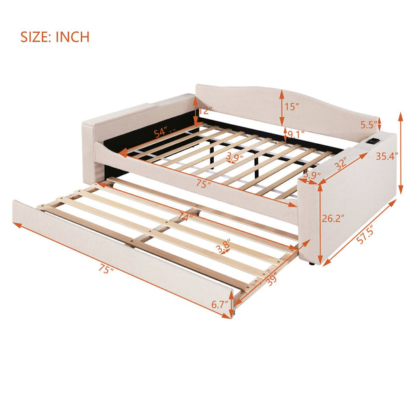English Elm Full Upholstered Daybed with Trundle, Teddy Fleece Comfort, Bluetooth Speakers & Storage Arms for Cozy Sleepovers Beige SF000108AAA