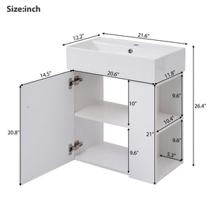 English Elm 21.6inch Modern Floating Bathroom Vanity with Ceramic Basin, Wave Door, Rose Gold Handle, Right Side Storage and Soft-Close Design WF318757AAK