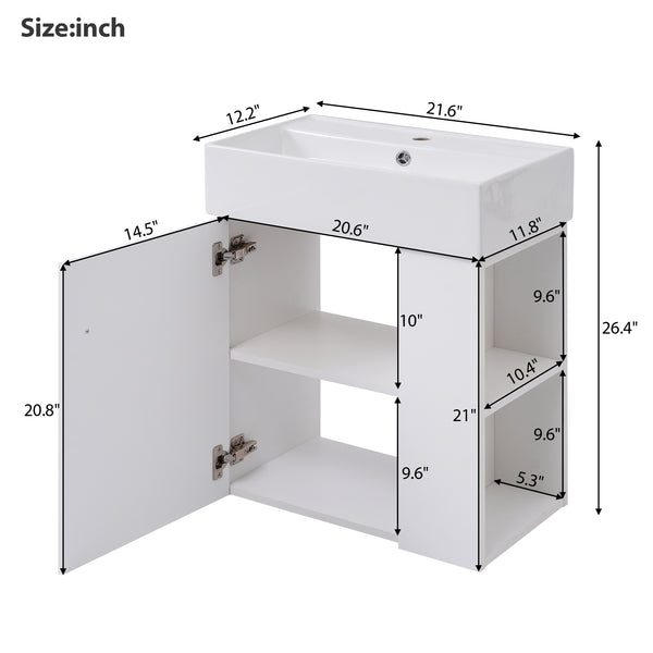English Elm 21.6inch Modern Floating Bathroom Vanity with Ceramic Basin, Wave Door, Rose Gold Handle, Right Side Storage and Soft-Close Design WF318757AAK