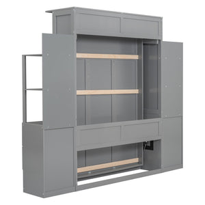 English Elm Full Size Murphy Wall Bed with Led Lighting Open Shelves Drawers Mdf Cabinet LP000565AAE-1
