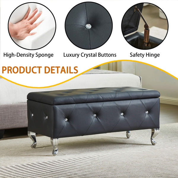 English Elm Tufted Velvet Storage Bench with Crystal Buttons for Bedroom Entryway Footrest W2268P146691