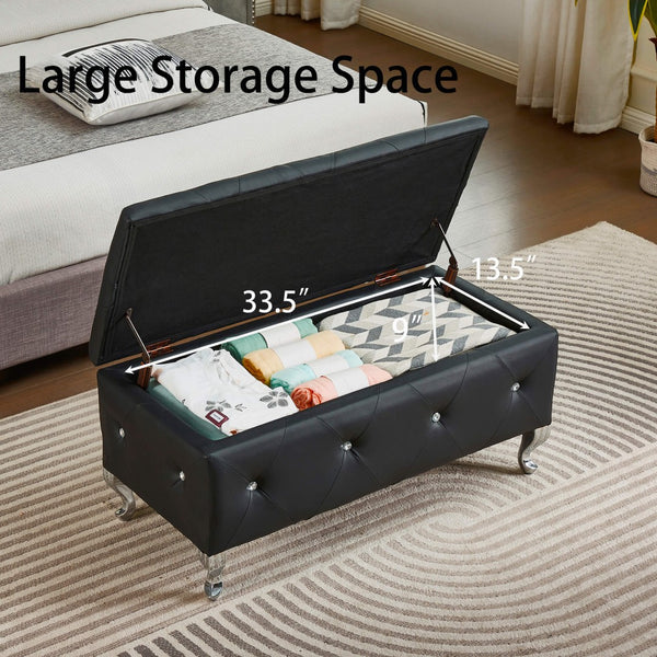 English Elm Tufted Velvet Storage Bench with Crystal Buttons for Bedroom Entryway Footrest W2268P146691