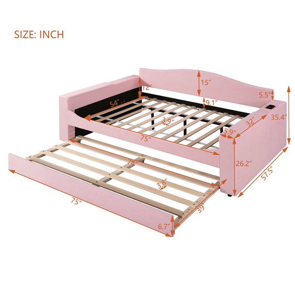 English Elm Full Upholstered Daybed with Trundle, Teddy Fleece Comfort, Bluetooth Speakers & Storage Arms for Cozy Sleepovers Pink SF000108AAH