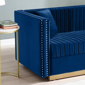 English Elm Contemporary Velvet Channel Tufted Loveseat Sofa - Modern Upholstered 2-Seater with Pillows, Sleek Apartment Style Blue W1117P147506