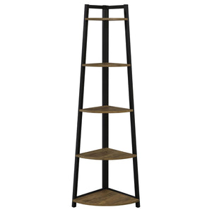 English Elm Aged Walnut Mid-Century 5-Tier Corner Bookcase — Space-Saving Triangular Shelves, Metal Frame Accent B062P153786