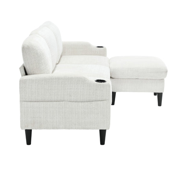 English Elm United We Win Chenille Three Seat Sectional Sofa with Storage Ottoman and Cup Holders Beige W1568142735