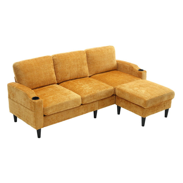 English Elm United We Win Chenille Three Seat Sectional Sofa with Storage Ottoman and Cup Holders Yellow W1568142737