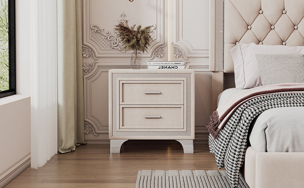 English Elm Mid Century Nightstand Velvet 2-Drawer Bedside Table with Metal Legs, Retro Space-Saving Storage and Durable Finish Beige 23.5 L x 19 W x 17 H N733P183659A