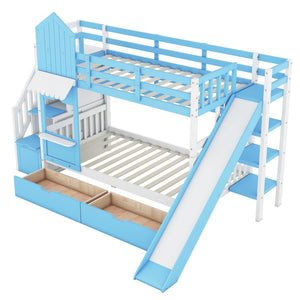 English Elm Twin-over-twin Castle Bunk Bed with Slide Storage Drawers and Shelves for Kids Blue LT000559AAC-1