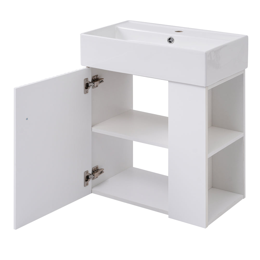 English Elm 21.6inch Modern Floating Bathroom Vanity with Ceramic Basin, Wave Door, Rose Gold Handle, Right Side Storage and Soft-Close Design WF318757AAK