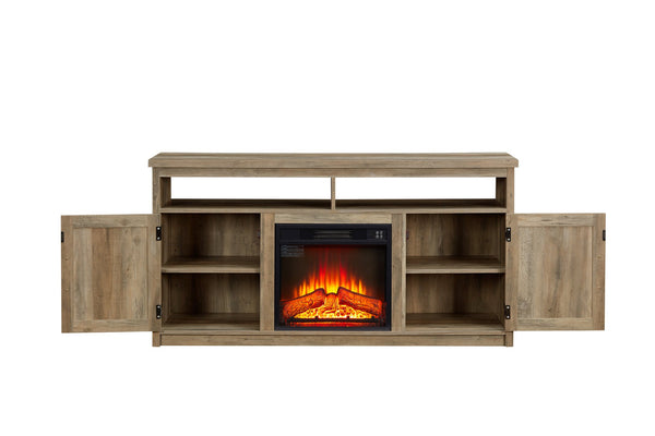 English Elm Farmhouse Gray Wash TV Stand with 18" Fireplace Insert, 65" TV Capacity, Barn Doors & Storage (58") W2275S00002