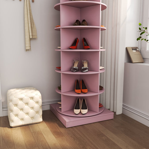English Elm Pink Rotating Shoe Cabinet Six Tier Slim Cylindrical Organizer for Modern Entryway W1320140917