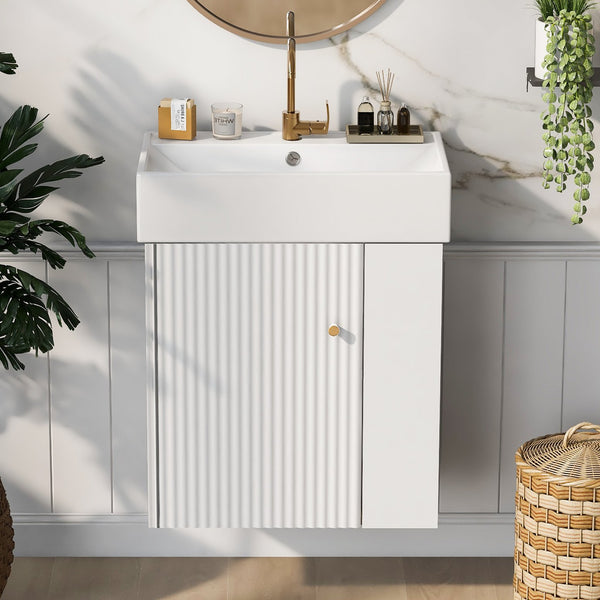English Elm 21.6inch Modern Floating Bathroom Vanity with Ceramic Basin, Wave Door, Rose Gold Handle, Right Side Storage and Soft-Close Design WF318757AAK