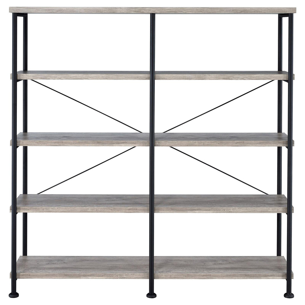 English Elm Grey Industrial Driftwood & Black Double-Wide Bookcase – 4-Tier Rustic Shelves, Metal Pipe Frame, 44 lb Capacity Each B062P153782