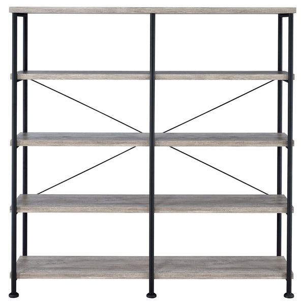English Elm Grey Industrial Driftwood & Black Double-Wide Bookcase – 4-Tier Rustic Shelves, Metal Pipe Frame, 44 lb Capacity Each B062P153782