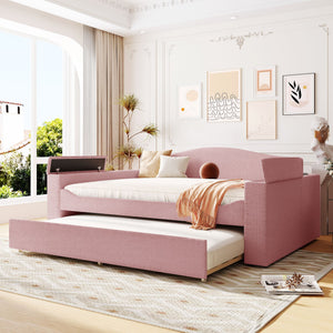 English Elm Full Upholstered Daybed with Trundle, Teddy Fleece Comfort, Bluetooth Speakers & Storage Arms for Cozy Sleepovers Pink SF000108AAH