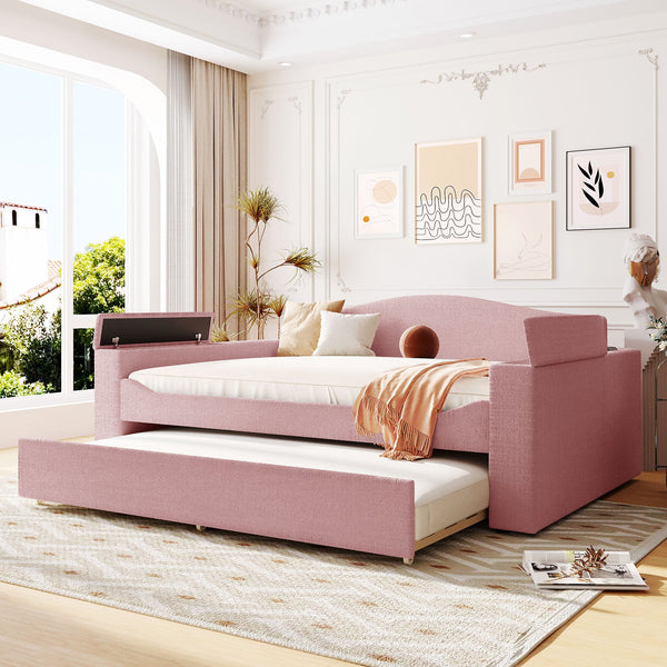 English Elm Full Upholstered Daybed with Trundle, Teddy Fleece Comfort, Bluetooth Speakers & Storage Arms for Cozy Sleepovers Pink SF000108AAH