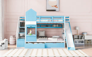 English Elm Twin-over-twin Castle Bunk Bed with Slide Storage Drawers and Shelves for Kids LT000559AAC-3