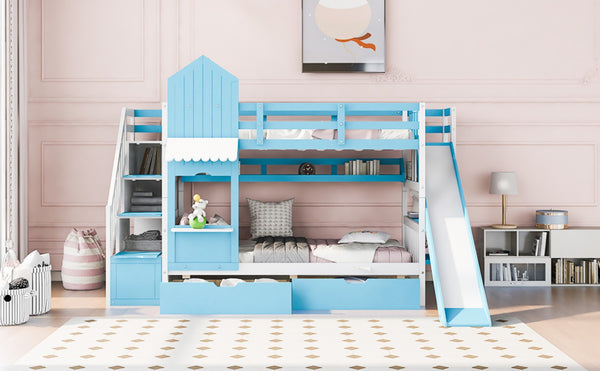 English Elm Twin-over-twin Castle Bunk Bed with Slide Storage Drawers and Shelves for Kids LT000559AAC-3