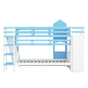 English Elm Twin-over-twin Castle Bunk Bed with Slide Storage Drawers and Shelves for Kids Blue LT000559AAC-1