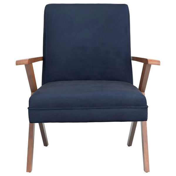 English Elm Dark Blue Vintage Mid-Century Accent Chair with Walnut Arms & Tapered Legs, Plush Upholstery B062P153760