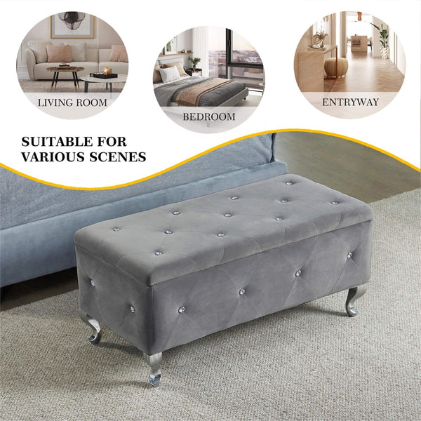 English Elm Tufted Velvet Storage Bench with Crystal Buttons for Bedroom Entryway Footrest W2268P146701