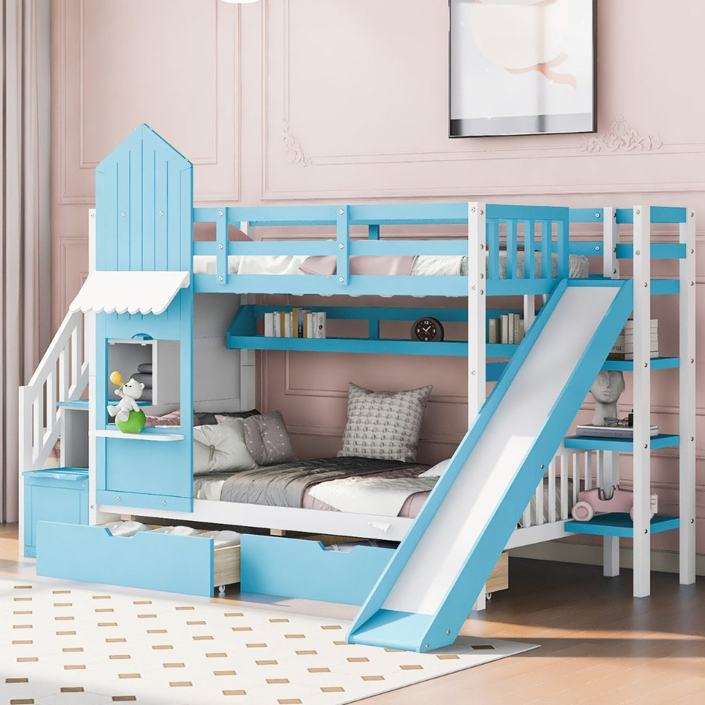 English Elm Twin-over-twin Castle Bunk Bed with Slide Storage Drawers and Shelves for Kids Blue LT000559AAC-1