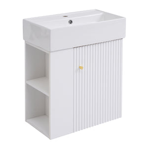 English Elm 21.6inch Modern Floating Bathroom Vanity with Ceramic Basin, Left-Side Storage, Soft-Close Door, Rose Gold Handle WF318758AAK
