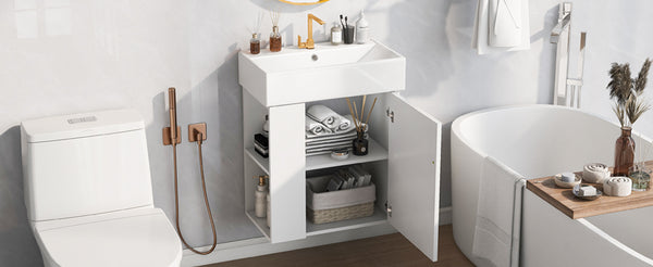 English Elm 21.6inch Modern Floating Bathroom Vanity with Ceramic Basin, Left-Side Storage, Soft-Close Door, Rose Gold Handle WF318758AAK