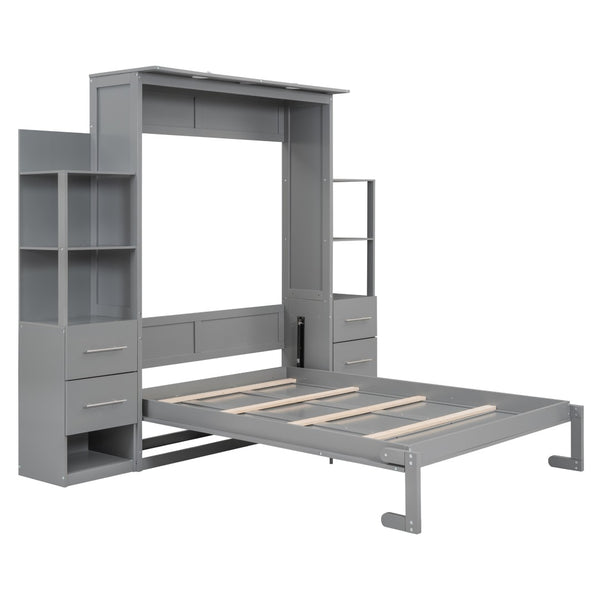 English Elm Full Size Murphy Wall Bed with Led Lighting Open Shelves Drawers Mdf Cabinet LP000565AAE-1