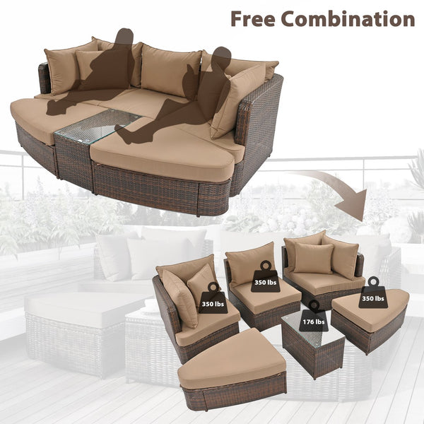English Elm TOPMAX 6-Piece Patio Conversation Sofa Set with Modular Seating, Thick Cushions & Tempered Glass Table Brown SP100020AAE