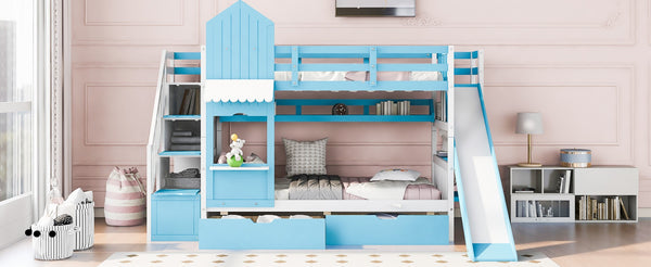 English Elm Twin-over-twin Castle Bunk Bed with Slide Storage Drawers and Shelves for Kids Blue LT000559AAC-1