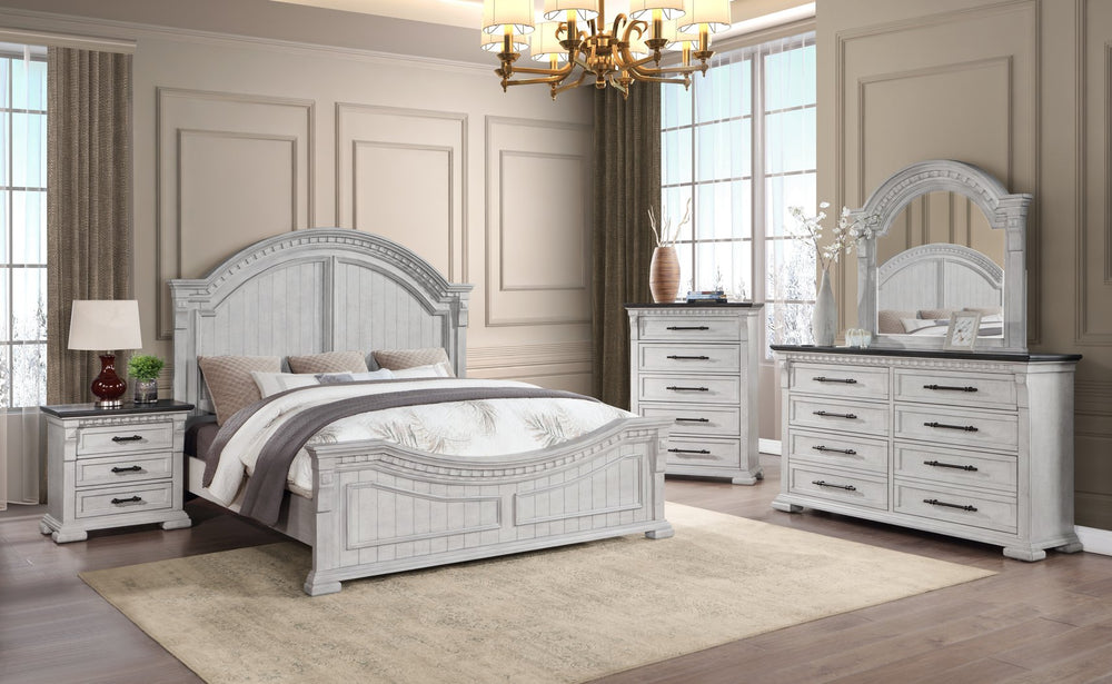 English Elm Transitional Faith Queen Bed in Antique White Wood Finish with Elegant Headboard, Solid+Engineered Frame B009S01314