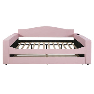 English Elm Full Upholstered Daybed with Trundle, Teddy Fleece Comfort, Bluetooth Speakers & Storage Arms for Cozy Sleepovers Pink SF000108AAH