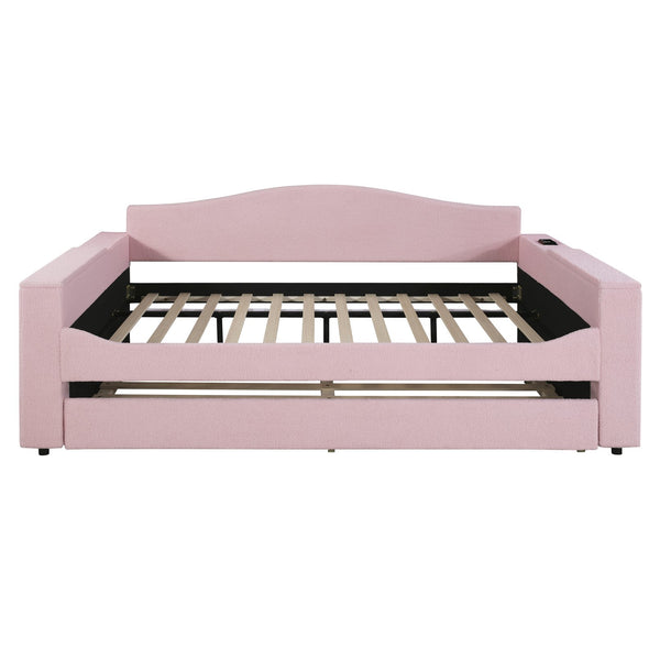 English Elm Full Upholstered Daybed with Trundle, Teddy Fleece Comfort, Bluetooth Speakers & Storage Arms for Cozy Sleepovers Pink SF000108AAH