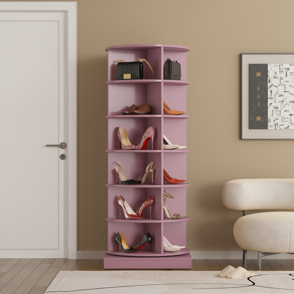 English Elm Pink Rotating Shoe Cabinet Six Tier Slim Cylindrical Organizer for Modern Entryway W1320140917