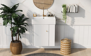 English Elm 21.6inch Modern Floating Bathroom Vanity with Ceramic Basin, Wave Door, Rose Gold Handle, Right Side Storage and Soft-Close Design WF318757AAK