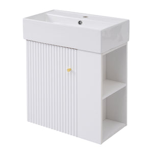 English Elm 21.6inch Modern Floating Bathroom Vanity with Ceramic Basin, Wave Door, Rose Gold Handle, Right Side Storage and Soft-Close Design WF318757AAK