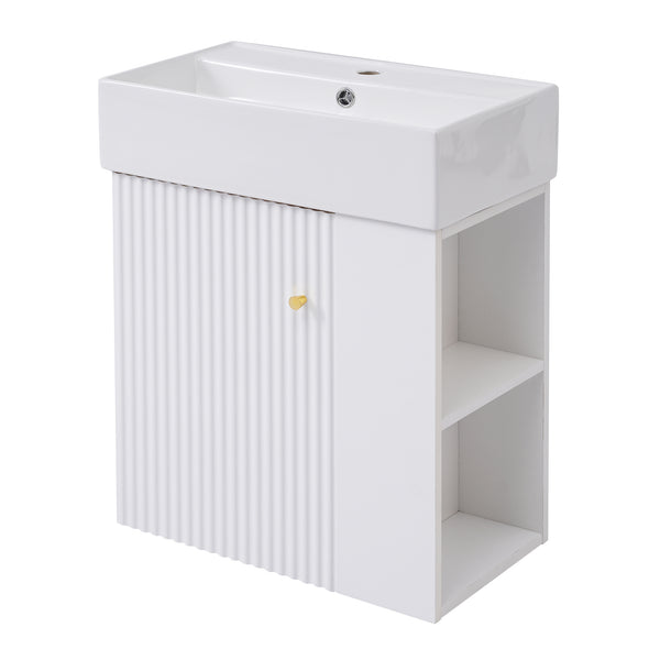 English Elm 21.6inch Modern Floating Bathroom Vanity with Ceramic Basin, Wave Door, Rose Gold Handle, Right Side Storage and Soft-Close Design WF318757AAK